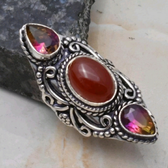 New Amazing Carnelian & Bi-Color Tourmaline 925 Silver Statement Ring. - Picture 8 of 8